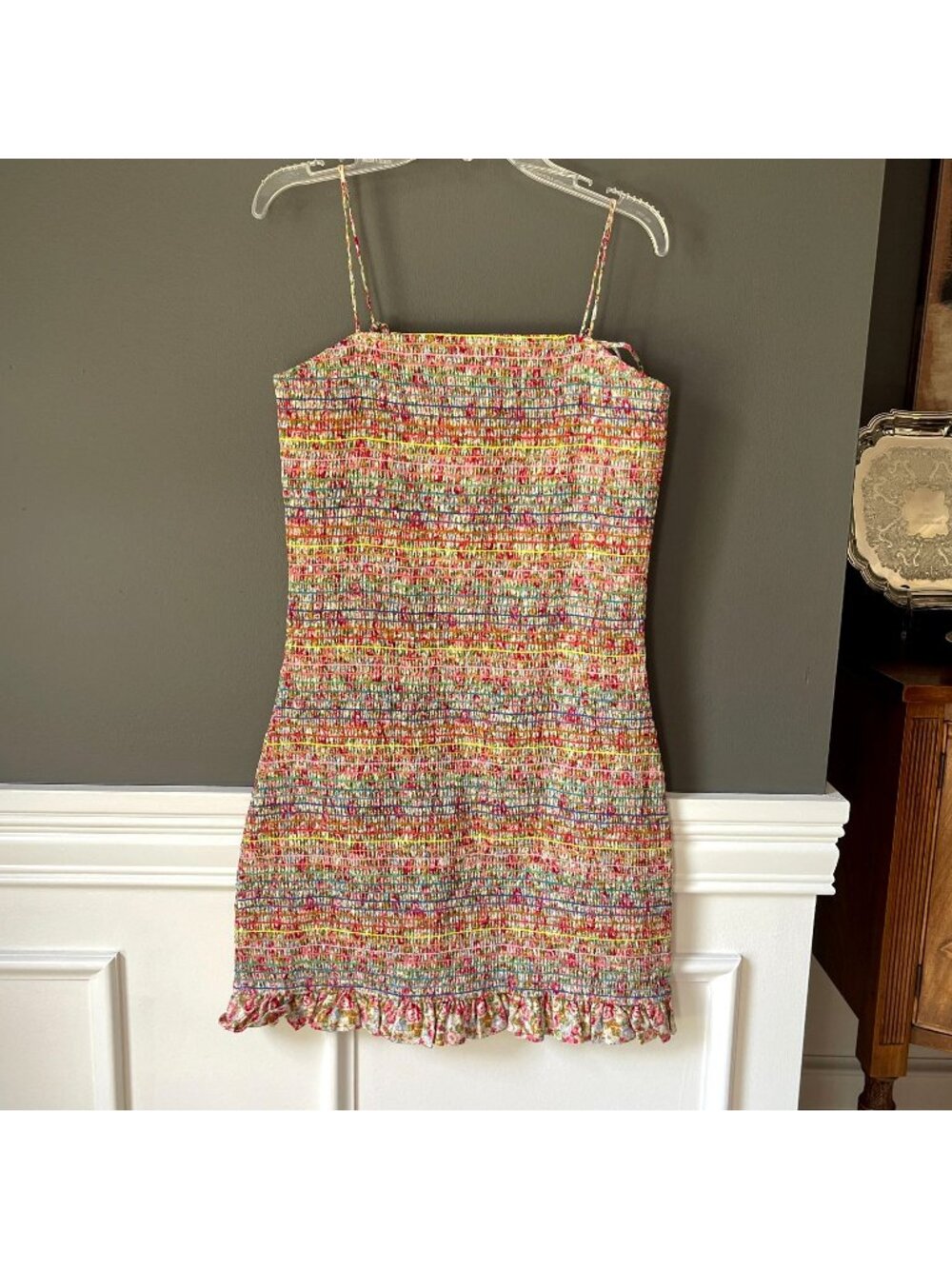 STORIA Floral Multicolor Smocked Bodycon Tie Strap Dress Size Large Ruffle Hem